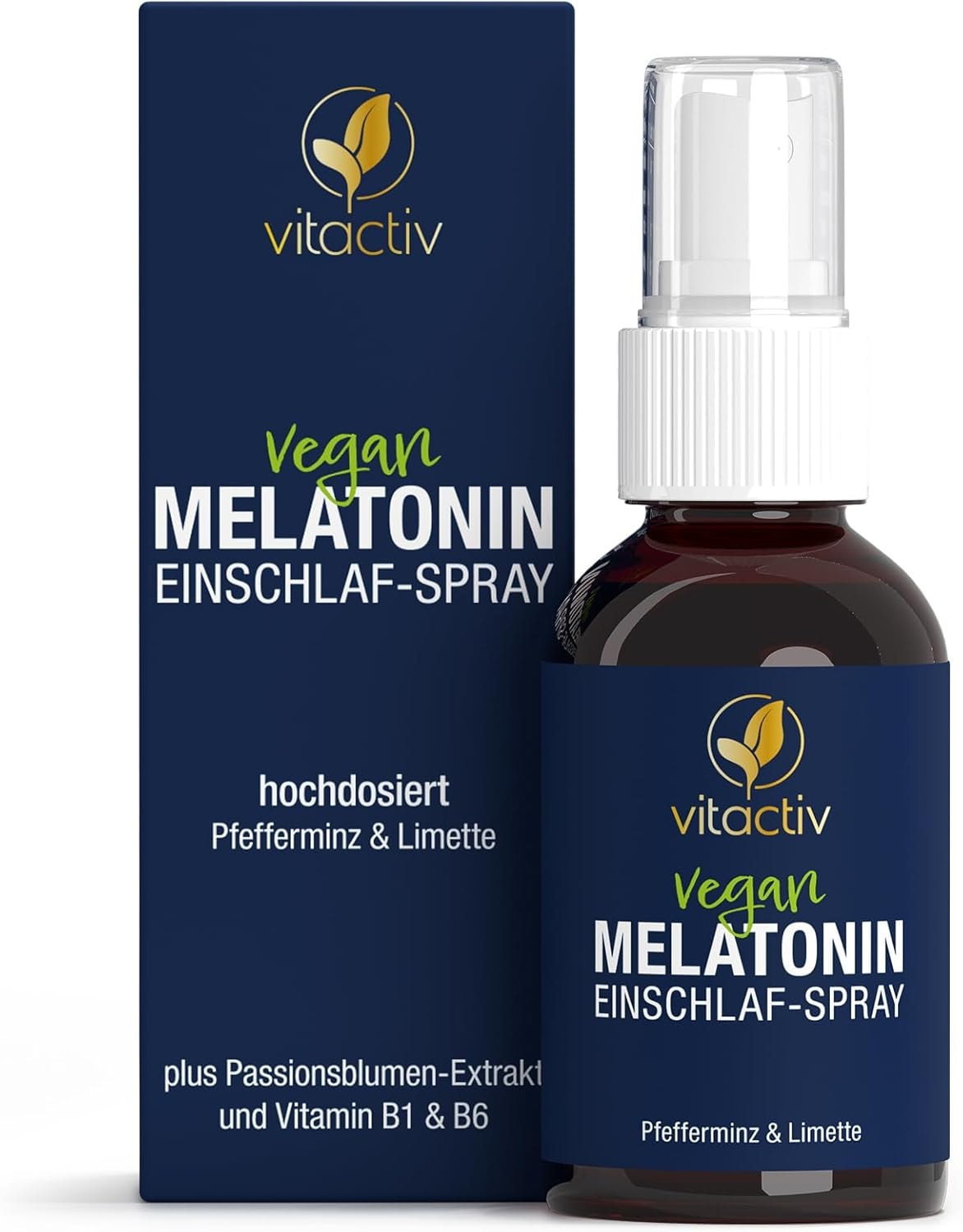 Produktbild von Bewertung VITACTIV Melatonin Einschlafspray Pfefferminze & Limette 385 Tage Vorrat Hochdosiert Melatonin Spray plus Passionsblumen Extrakt Vitamine B1 und B6 Zuckerfrei & Vegan 50ml Sofort Spray