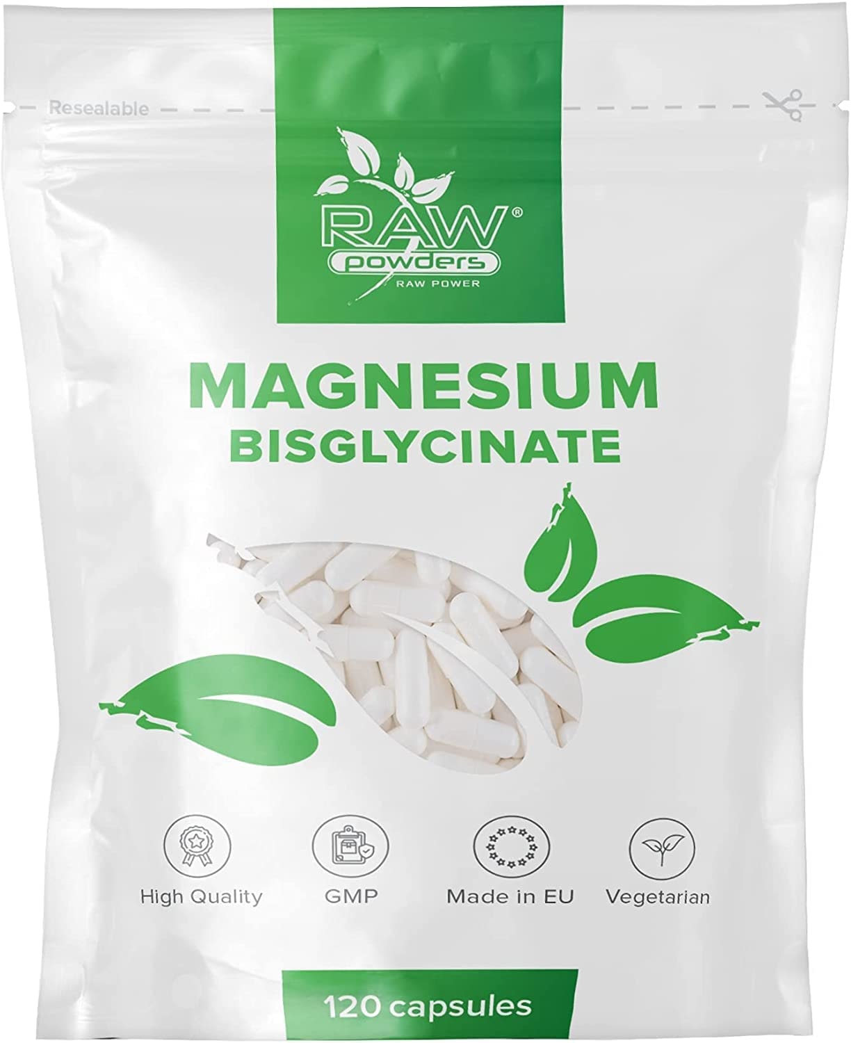 Produktbild von Raw Powders - Magnesium Bisglycinat Kapseln 500 Mg 120 Kapseln Hochdosiert – 200 Mg Elementares Magnesium Vegan pro Portion - Magnesium Glycinat - Magnesium Kapseln Vegan - Nerven und Immunsystem - Von Raw Powders