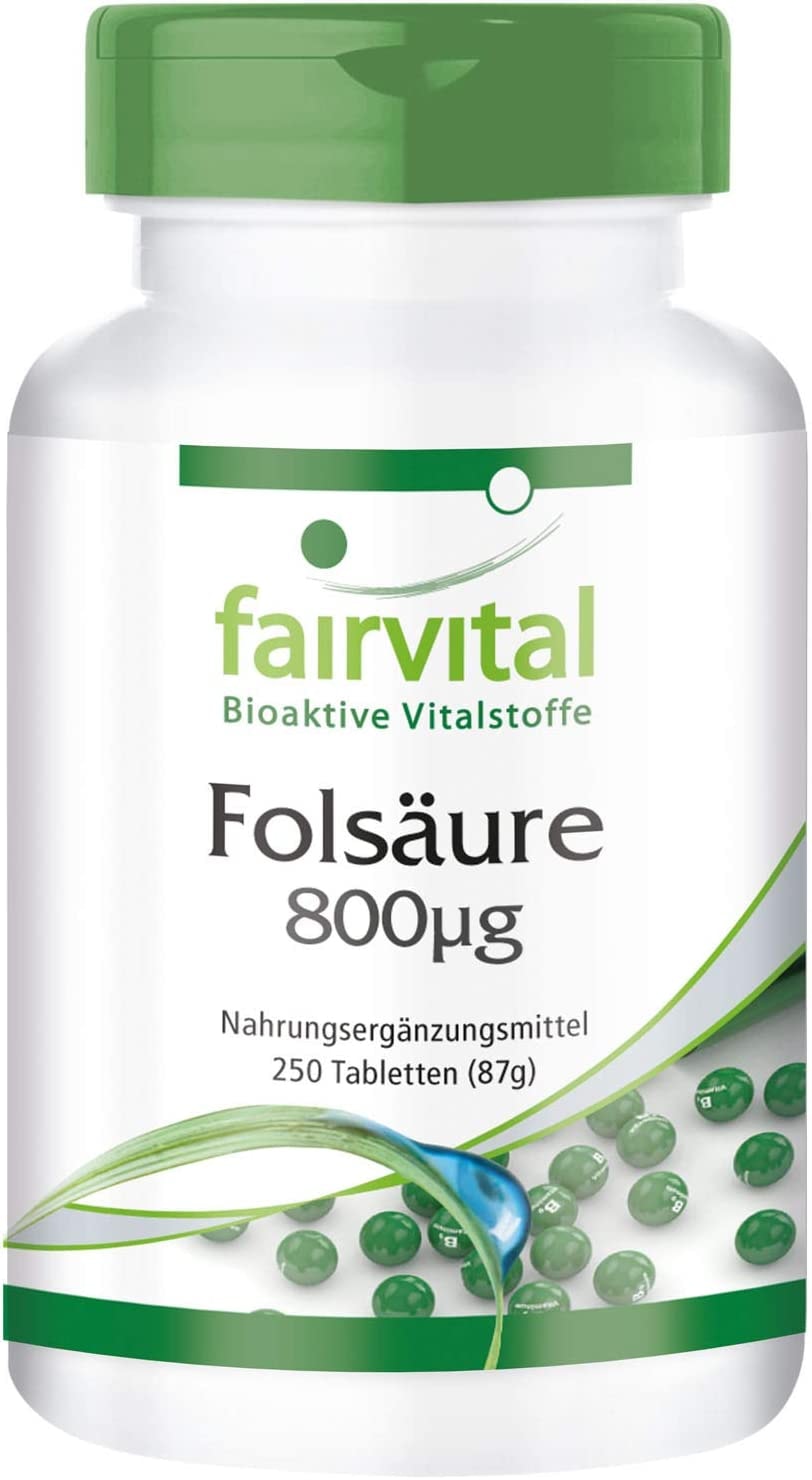 Produktbild von fairvital - Folsäure 800µg - Für Kinderwunsch, Schwangerschaft & Stillzeit - VEGAN - Hochdosiertes Vitamin B9 - 250 Tabletten