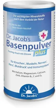 Dr. Jacob’s Basenpulver plus mit echter Zitrone für Muskeln, Knochen, Herz und Blutdruck Kalium Calcium Magnesium Zink Vitamin C D B1 auch bei Diäten 300 g Basen-Pulver vegan