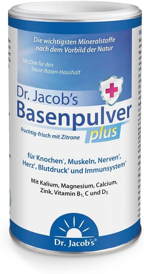 Produktbild von Bewertung Dr. Jacobs Basenpulver plus mit echter Zitrone für Sport Muskeln Knochen Herz Blutdruck mit Kalium Calcium Magnesium Zink Vitamin C D B1 auch bei Diäten 300 g Basen-Pulver vegan