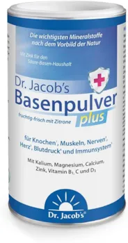 Produktbild von Bewertung Dr. Jacobs Basenpulver plus mit echter Zitrone für Sport Muskeln Knochen Herz Blutdruck mit Kalium Calcium Magnesium Zink Vitamin C D B1 auch bei Diäten 300 g Basen-Pulver vegan