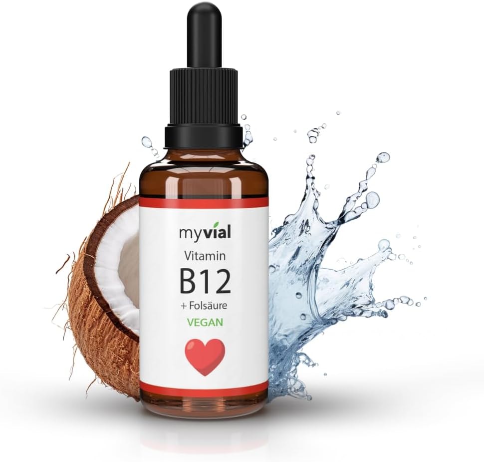 Produktbild von Bewertung myvial Vitamin B12 Tropfen 50ml 1000 Tropfen 10µg B12 + 200µg Folsäure je Tropfen vegan 2 Aktivformen (Methyl- & Adenosylcobalamin) in Deutschland hergestellt & laborgeprüft