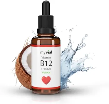 Produktbild von Bewertung myvial Vitamin B12 Tropfen 50ml 1000 Tropfen 10µg B12 + 200µg Folsäure je Tropfen vegan 2 Aktivformen (Methyl- & Adenosylcobalamin) in Deutschland hergestellt & laborgeprüft