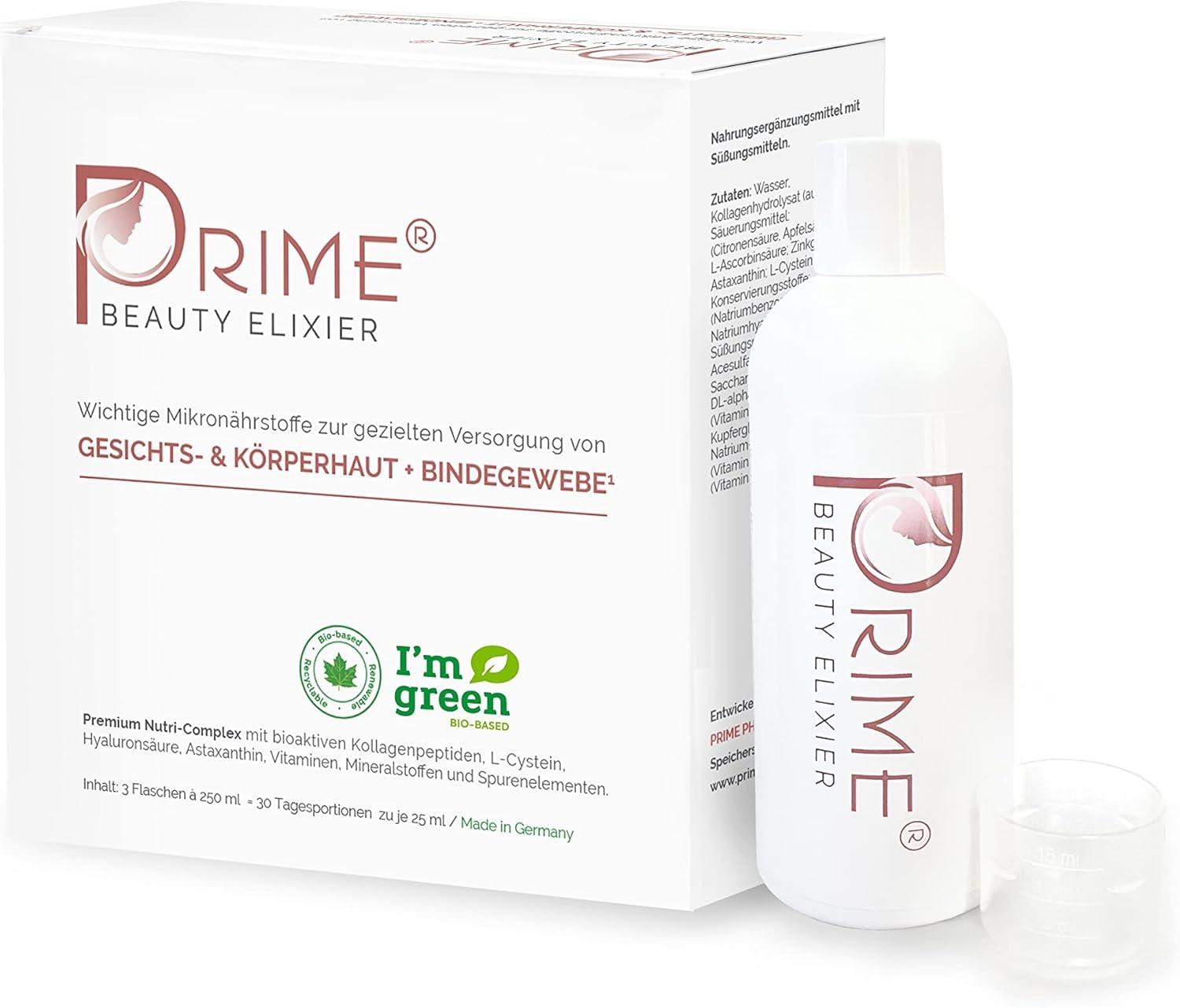 Produktbild von Bewertung Prime Beauty Elixier Für natürliche Schönheit Neubildung & Erhalt von Bindegewebe Hochdosiert mit 5000mg Kollagenpeptiden 30 Tagesportionen zu je 25ml Umweltfreundliche Verpackung