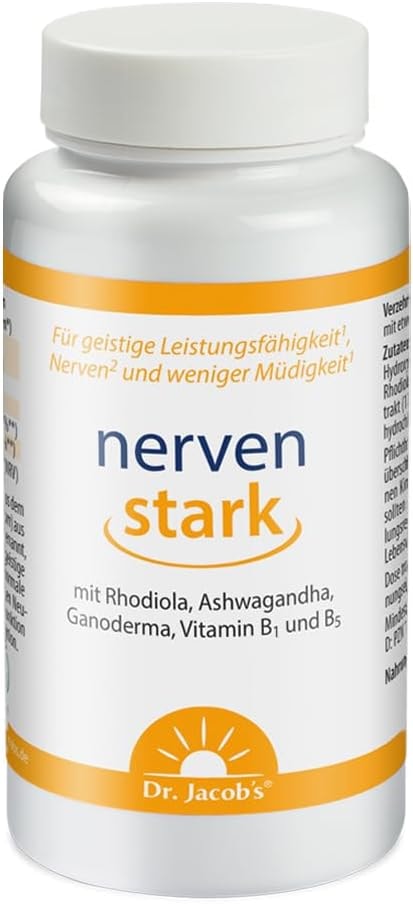 Produktbild von Bewertung Dr. Jacobs nervenstark Dose 50g für geistige Leistung und weniger Müdigkeit mit Ashwagandha, Rhodiola und Reishi, 100 pflanzliche Kapseln