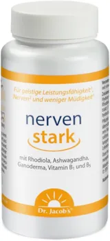 Produktbild von Bewertung Dr. Jacobs nervenstark Dose 50g für geistige Leistung und weniger Müdigkeit mit Ashwagandha, Rhodiola und Reishi, 100 pflanzliche Kapseln