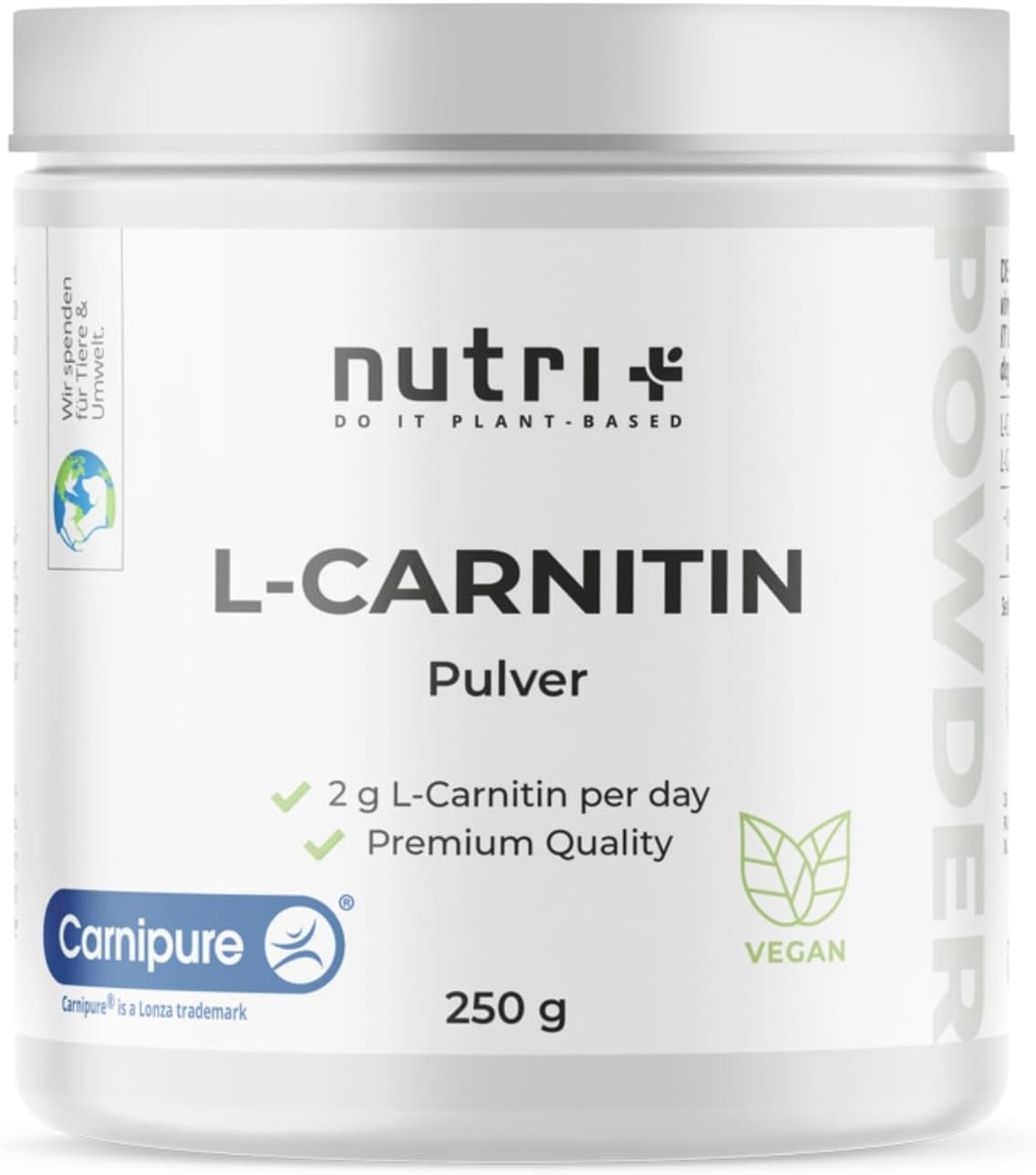 Produktbild von Bewertung nutri + L-Carnitin Carnipure Pulver 100% reines L-Carnitine Tartrat Pure Powder 250g von Lonza 3000mg Carnitinpulver pro Portion