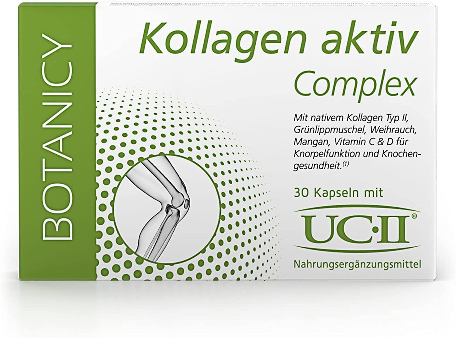 Produktbild von BOTANICY Kollagen Aktiv Complex - einzigartiger Knorpel-/Knochenkomplex mit patentiertem UC-II-Kollagen, 100% natürlich für Knochen- und Gelenkgesundheit (30 Kapseln, Monatspack)