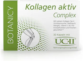 Produktbild von BOTANICY Kollagen Aktiv Complex - einzigartiger Knorpel-/Knochenkomplex mit patentiertem UC-II-Kollagen, 100% natürlich für Knochen- und Gelenkgesundheit (30 Kapseln, Monatspack)