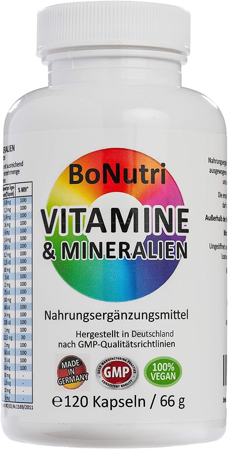 Produktbild von BoNutri - 23 Vitamine & Mineralien Mineralstoffe 120 vegane Kapseln Multivitamin 2-Monatsbedarf Ohne Magnesiumstearat Vegan Glutenfrei Laktosefrei Beste Qualität