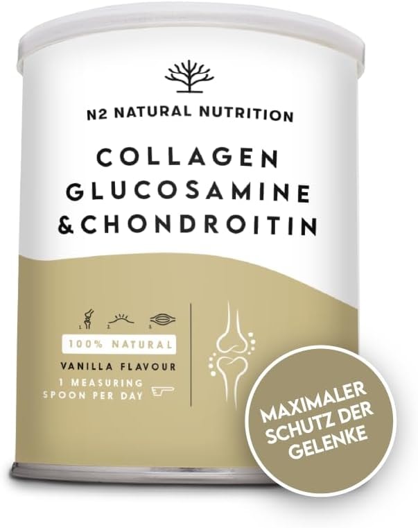 Produktbild von Bewertung N2 NATURAL NUTRITION Collagen Hydrolysat Pulver mit Hyaluronsäure Chondroitin Glucosamin Vitamin C Magnesium Silizium Kollagen Pulver Leistungsstarker Knorpelschutz Stärkung der Gelenke Knochen Haut EU