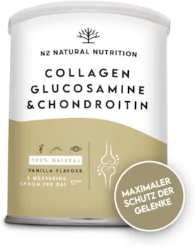 Produktbild von Bewertung N2 NATURAL NUTRITION Collagen Hydrolysat Pulver mit Hyaluronsäure Chondroitin Glucosamin Vitamin C Magnesium Silizium Kollagen Pulver Leistungsstarker Knorpelschutz Stärkung der Gelenke Knochen Haut EU
