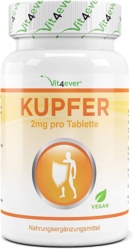 Produktbild von Vit4ever Kupfer - 365 Tabletten mit jeweils 2 mg - 1 Jahresvorrat - Laborgeprüft - Hohe Bioverfügbarkeit - Kupfergluconat - Hochdosiert - Vegan - Ohne unerwünschte Zusätze