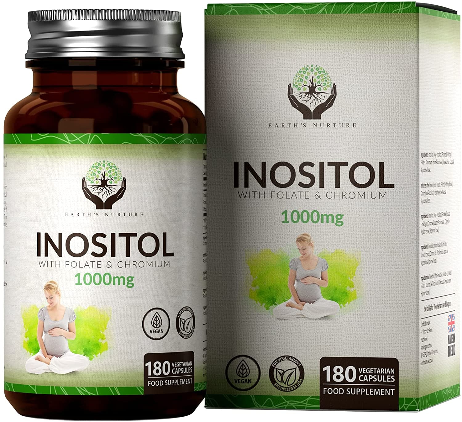Produktbild von Earth's Nurture EN Myo Inositol Chrom & Folsäure - 1000mg pro Portion - 180 Vegane Kapseln | Vegan Vitamine zur Unterstützung der Frauengesundheit | Gluntenfrei | Hergestellt in ISO-Zertifizierten Betrieben