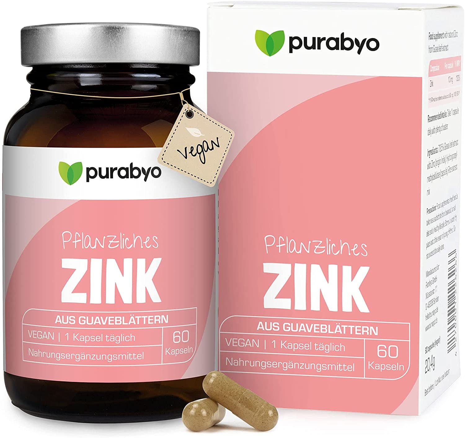 Produktbild von Purabyo Natürliches Zink aus Guavenblatt | im Glas | Zink hochdosiert 10 mg | 100% Tagesbedarf | 2- Monatsvorrat | Zink vegan | Guave Blatt Extrakt | Zinc | Hergestellt in DE
