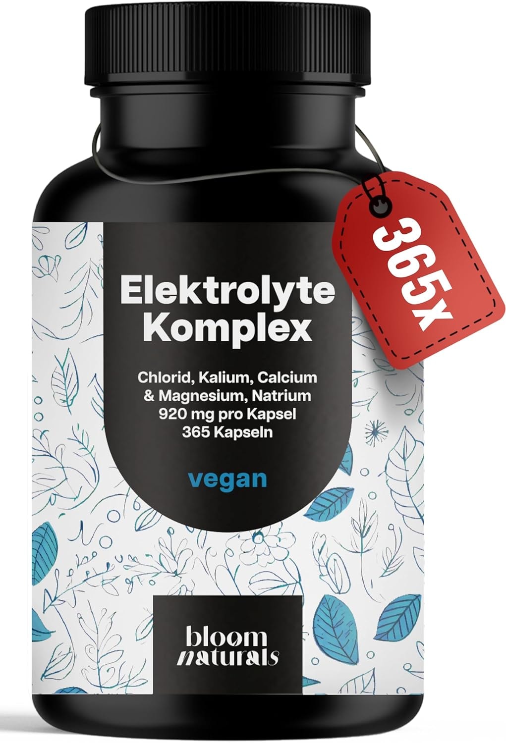 Produktbild von Bewertung Bloom Naturals Elektrolyte Komplex 365 Kapseln mit Chlorid Kalium Calcium Magnesium & Natrium 920mg pro Kapsel vegan produziert in Deutschland Jahresvorrat