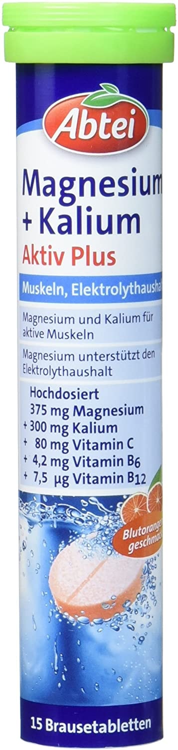 Produktbild von Bewertung Abtei Magnesium + Kalium Aktiv Plus - Nahrungsergänzung für die Muskeln und den Elektrolythaushalt - hochdosiert - Blutorange-Geschmack - 1 x 15 Brausetabletten