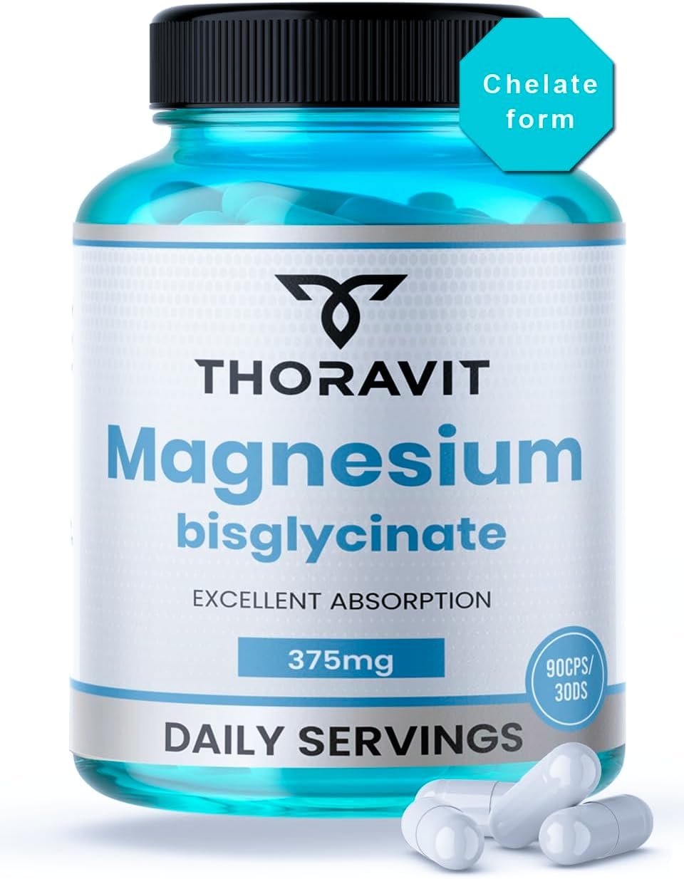 Produktbild von Bewertung THORAVIT 90 Magnesium Glycinat Kapseln 375 mg Vollständig Chelatisiert für eine hohe Absorption von Magnesium Bisglycinat - Zucker-, Laktose- und Glutenfrei Im Labor Getestete Hochdosierte kapseln