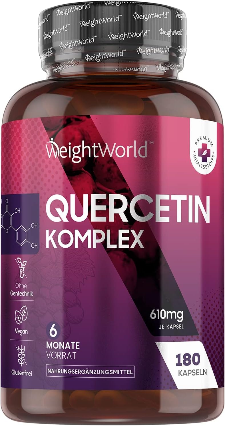 Produktbild von Bewertung WeightWorld Quercetin Kapseln 610mg mit Bromelain, Vitamin C, Hagebutte & Rutin 180 vegane Kapseln für 6 Monate Vorrat Reines Quercetin Pulver aus dem japanischen Schnurbaum ohne Gentechnik WeightWorld