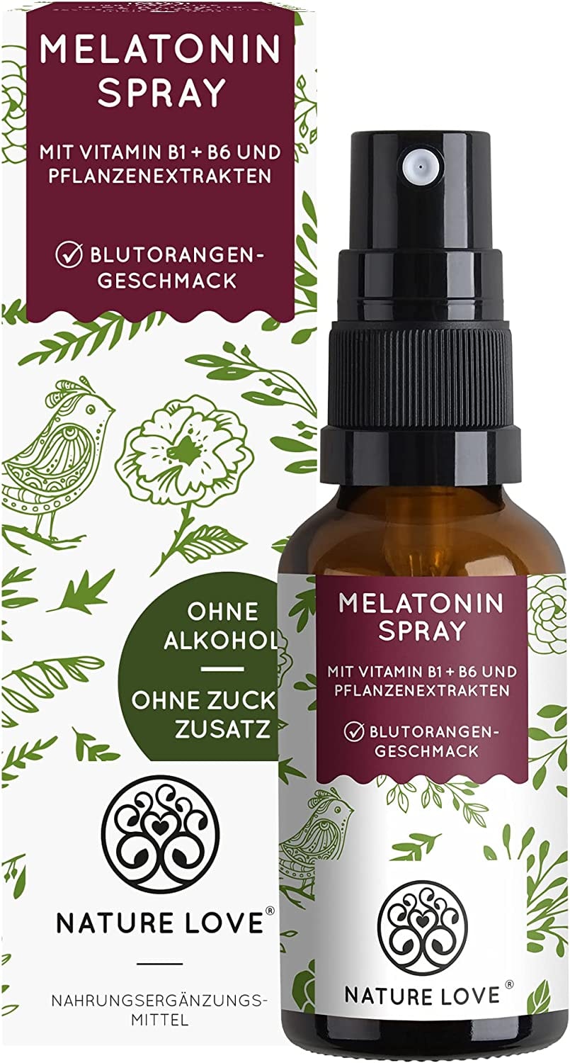 Produktbild von NATURE LOVE Melatonin Spray Blutorangengeschmack ohne Alkohol 0,5 mg Melatonin pro Tagesdosis mit Vitamin B1, B6, Grüntee Extrakt und Passionsblumen Extrakt - 30 ml, vegan, hochdosiert - schlaf - JetLeg