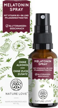 Produktbild von NATURE LOVE Melatonin Spray Blutorangengeschmack ohne Alkohol 0,5 mg Melatonin pro Tagesdosis mit Vitamin B1, B6, Grüntee Extrakt und Passionsblumen Extrakt - 30 ml, vegan, hochdosiert - schlaf - JetLeg
