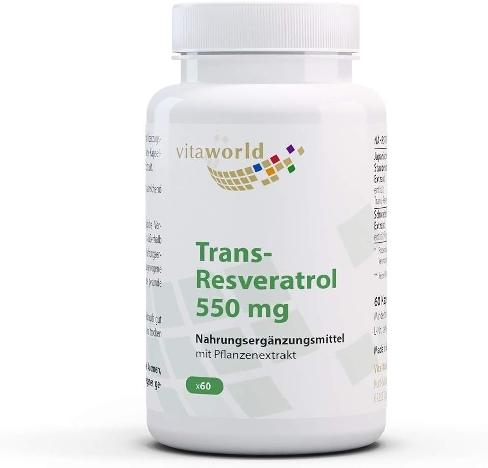 Produktbild von Bewertung Vita World Trans-Resveratrol 550 mg aus Japanischem Staudenknöterich Extrakt 60 Kapseln Vegan/Vegetarisch Apotheker-Herstellung