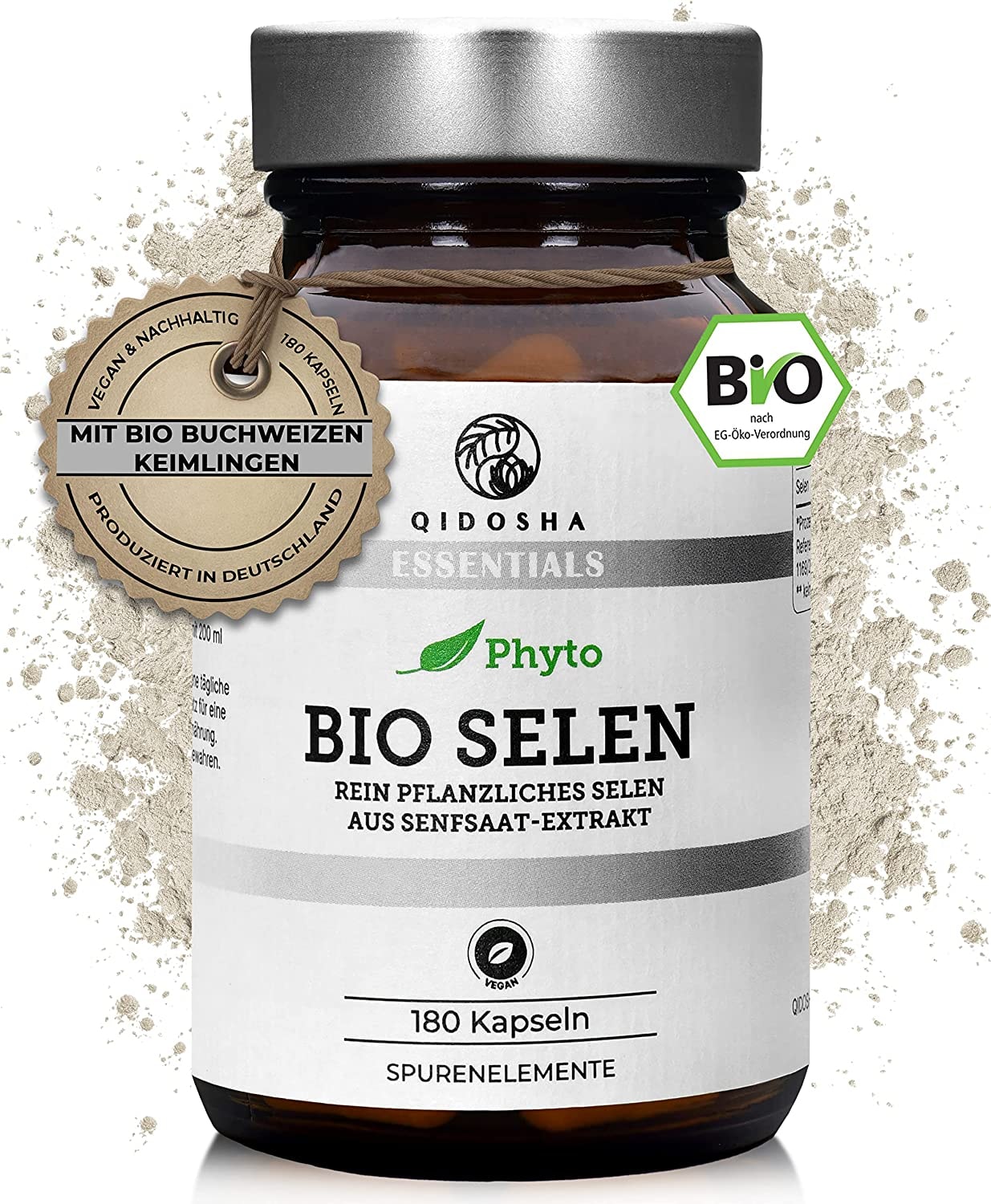 Produktbild von Bewertung QIDOSHA Bio Selen hochdosiert 180 Kapseln, 55 mcg 100% NRV pflanzliches Selen je Kapsel aus Bio Senfsaat Extrakt, Selenmethionin, ergänzt um Bio-Buchweizenkeimlinge, Selen vegan bio, laborgeprueft