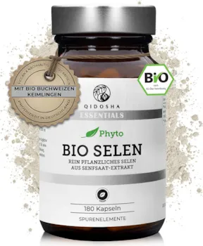 Produktbild von Bewertung QIDOSHA Bio Selen hochdosiert 180 Kapseln, 55 mcg 100% NRV pflanzliches Selen je Kapsel aus Bio Senfsaat Extrakt, Selenmethionin, ergänzt um Bio-Buchweizenkeimlinge, Selen vegan bio, laborgeprueft