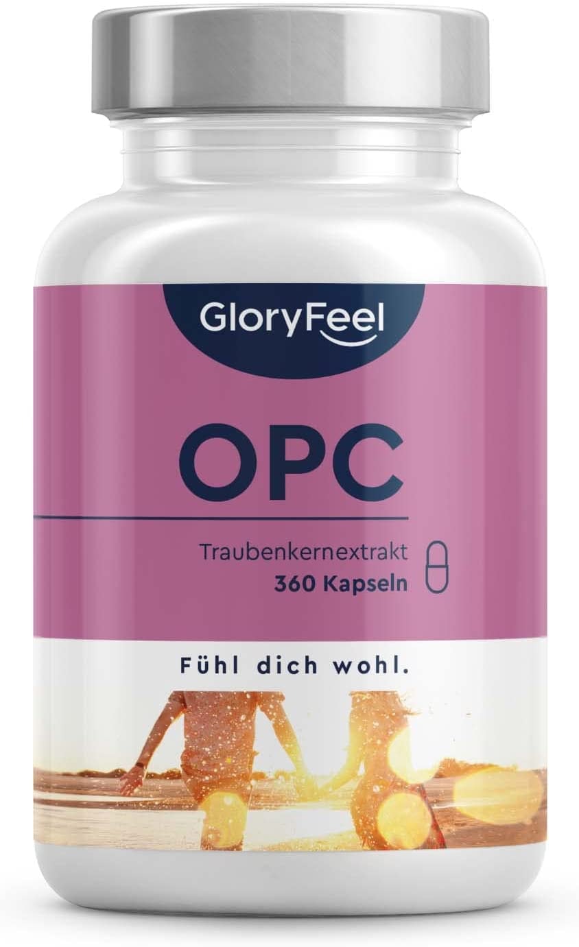 Produktbild von GloryFeel OPC Traubenkernextrakt 360 Kapseln 1.000mg reines OPC pro Tagesdosis + Vitamin C - 95% Echt-OPC-Gehalt - Aus Original französischen Weintrauben - Laborgeprüft, Vegan in Deutschland hergestellt