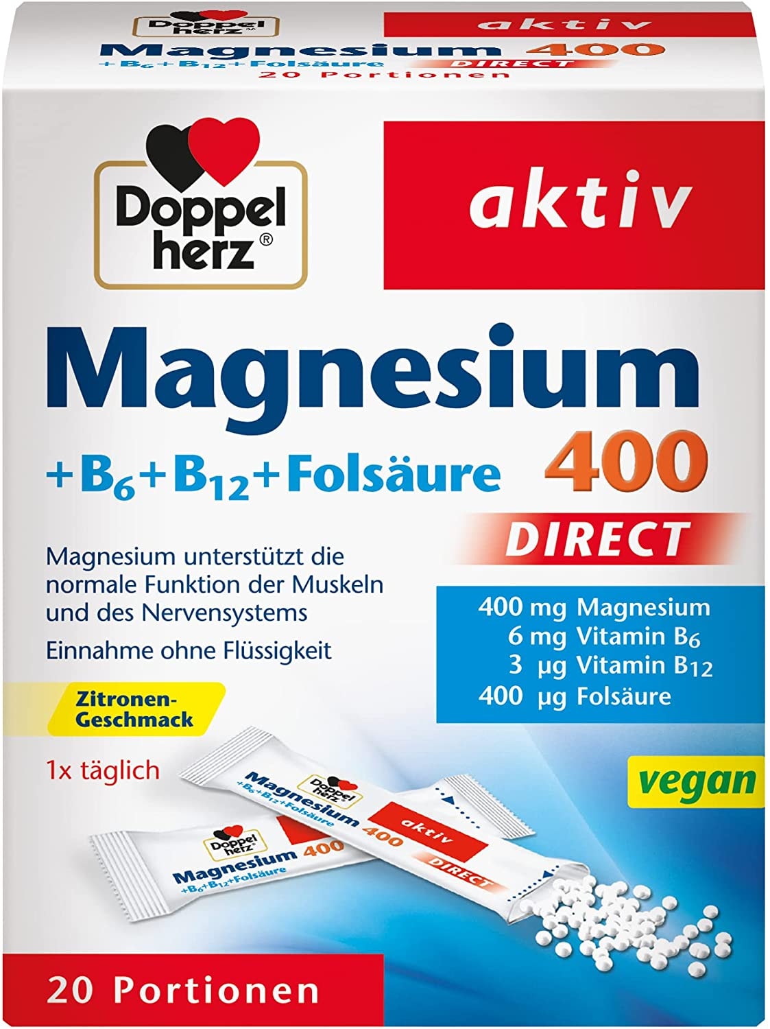 Produktbild von Doppelherz Magnesium 400 DIRECT – Nahrungsergänzungsmittel mit Magnesium als Beitrag für die normale Muskelfunktion – Plus B6, B12 und Folsäure – 1 x 20 Portionen Micro-Pellets