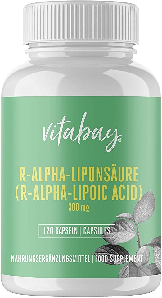 Produktbild von Vitabay R-Alpha Liponsäure 300mg | 120 vegane hochdosierte Kapseln | Bioverfügbar | Antioxidans | Laborgeprüft & hergestellt aus hochwertigen Rohstoffen