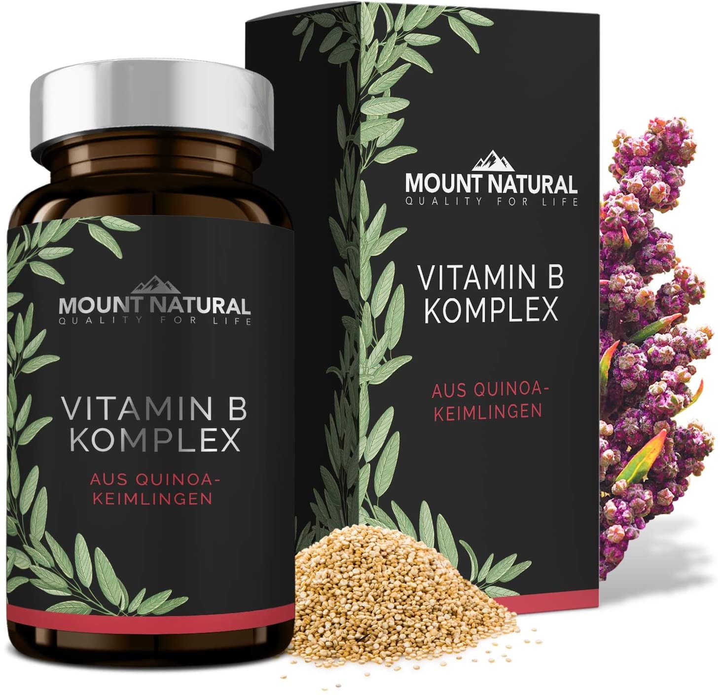 Produktbild von Mount Natural 100% Natürlicher Vitamin B Komplex aus Quinoa-Keimlingen mit allen 8 B-Vitaminen (B1, B2, B3, B5, B6, B7, B9, B12) - kba-Qualität, 60 vegane Kapseln à 500 mg