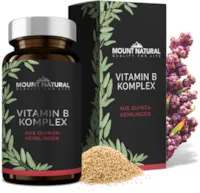 Produktbild von Mount Natural 100% Natürlicher Vitamin B Komplex aus Quinoa-Keimlingen mit allen 8 B-Vitaminen (B1, B2, B3, B5, B6, B7, B9, B12) - kba-Qualität, 60 vegane Kapseln à 500 mg
