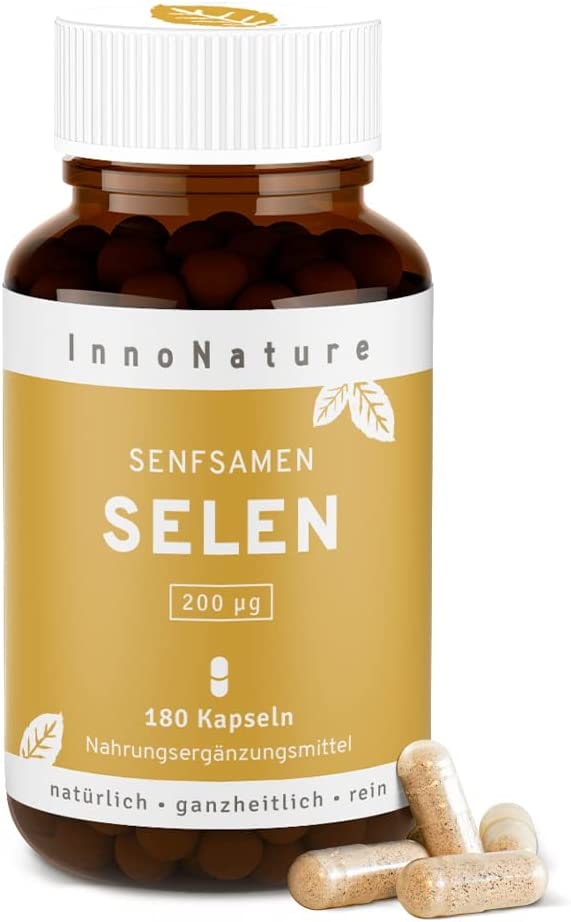 Produktbild von Bewertung InnoNature Natürliche Selen Kapseln aus Senfsamen 1 Kapsel täglich, 180 Kapseln insgesamt, hochdosiert mit 200 µg Selen pro Kapsel (363,60% NRV), vegan, hergestellt in Deutschland