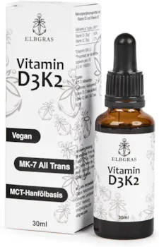 Elbgras Vitamin D3-K2 Vegan - 99,7% All-Trans MK-7 - K2Vital von Kappa® - Vitamin D3 aus Flechten - Pro Tropfen 25µg D3 und 20µg K2