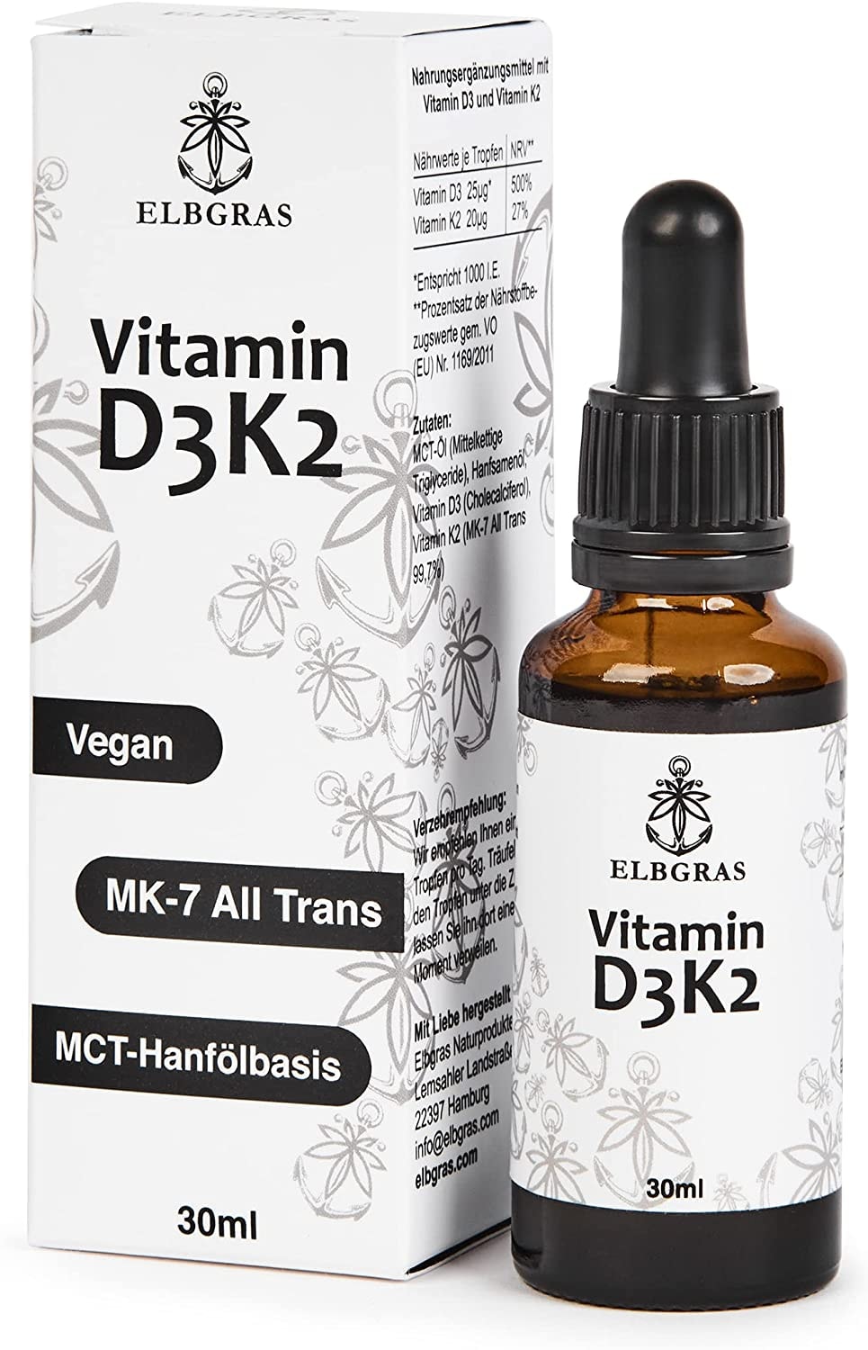 Produktbild von Elbgras Vitamin D3-K2 Vegan - 99,7% All-Trans MK-7 - K2Vital von Kappa® - Vitamin D3 aus Flechten - Pro Tropfen 25µg D3 und 20µg K2