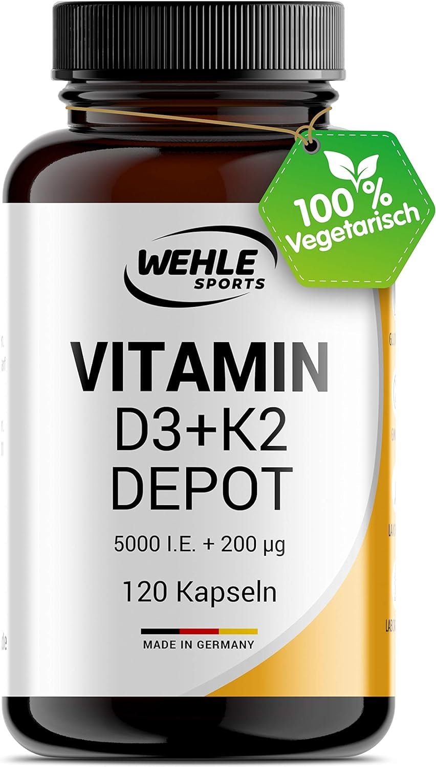 Produktbild von Bewertung Wehle Sports Vitamin D3 K2 Depot 120 Kapseln hochdosiert 5.000 IE Vitamin D3 + 200 µg Vitamin K2 MK7 All Trans Wehle Sports ohne Zusätze hergestellt in DE