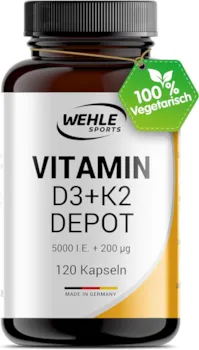 Produktbild von Bewertung Wehle Sports Vitamin D3 K2 Depot 120 Kapseln hochdosiert 5.000 IE Vitamin D3 + 200 µg Vitamin K2 MK7 All Trans Wehle Sports ohne Zusätze hergestellt in DE