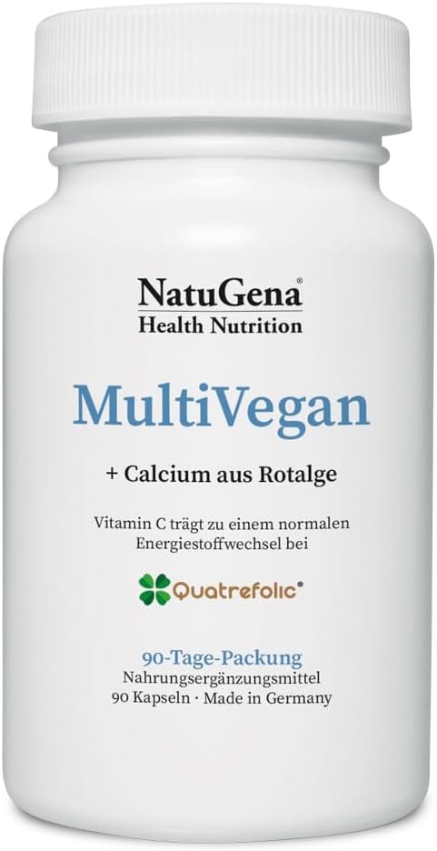Produktbild von Bewertung NatuGena MultiVegan Calcium aus Rotalge speziell für den Veganer mit Vitamin-B12-Formen Folsäure Cholin-Bitartrat Vitamin B2 Calcium Eisen Zink Jod Selen Vitamin C 90 Kapseln 3 Monats-Packung