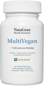 Produktbild von Bewertung NatuGena MultiVegan Calcium aus Rotalge speziell für den Veganer mit Vitamin-B12-Formen Folsäure Cholin-Bitartrat Vitamin B2 Calcium Eisen Zink Jod Selen Vitamin C 90 Kapseln 3 Monats-Packung