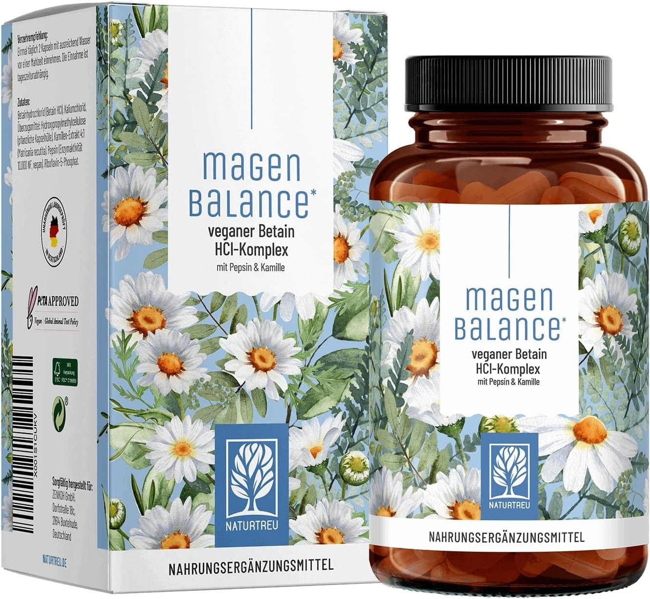 Produktbild von Bewertung NATURTREU Magenbalance Betain HCL Komplex vegan mit Pepsin, Kamille, Chlorid Unterstützung von Magensäure und Verdauung Vollspektrum Enzym Kapseln hochdosiert