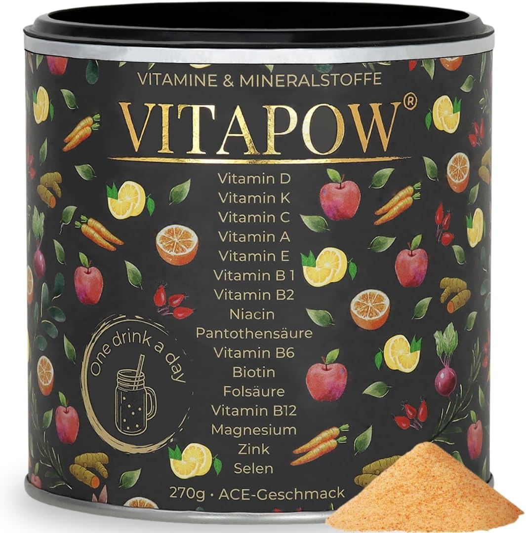 Produktbild von Bewertung VITAPOW Multivitamin Pulver mit Magnesium Zink Selen Vitamine A-Z hochdosiert Immunsystem stärken hochwertige Mikronährstoffe ohne Zuckerzusatz vegan in Deutschland hergestellt ACE Geschmack