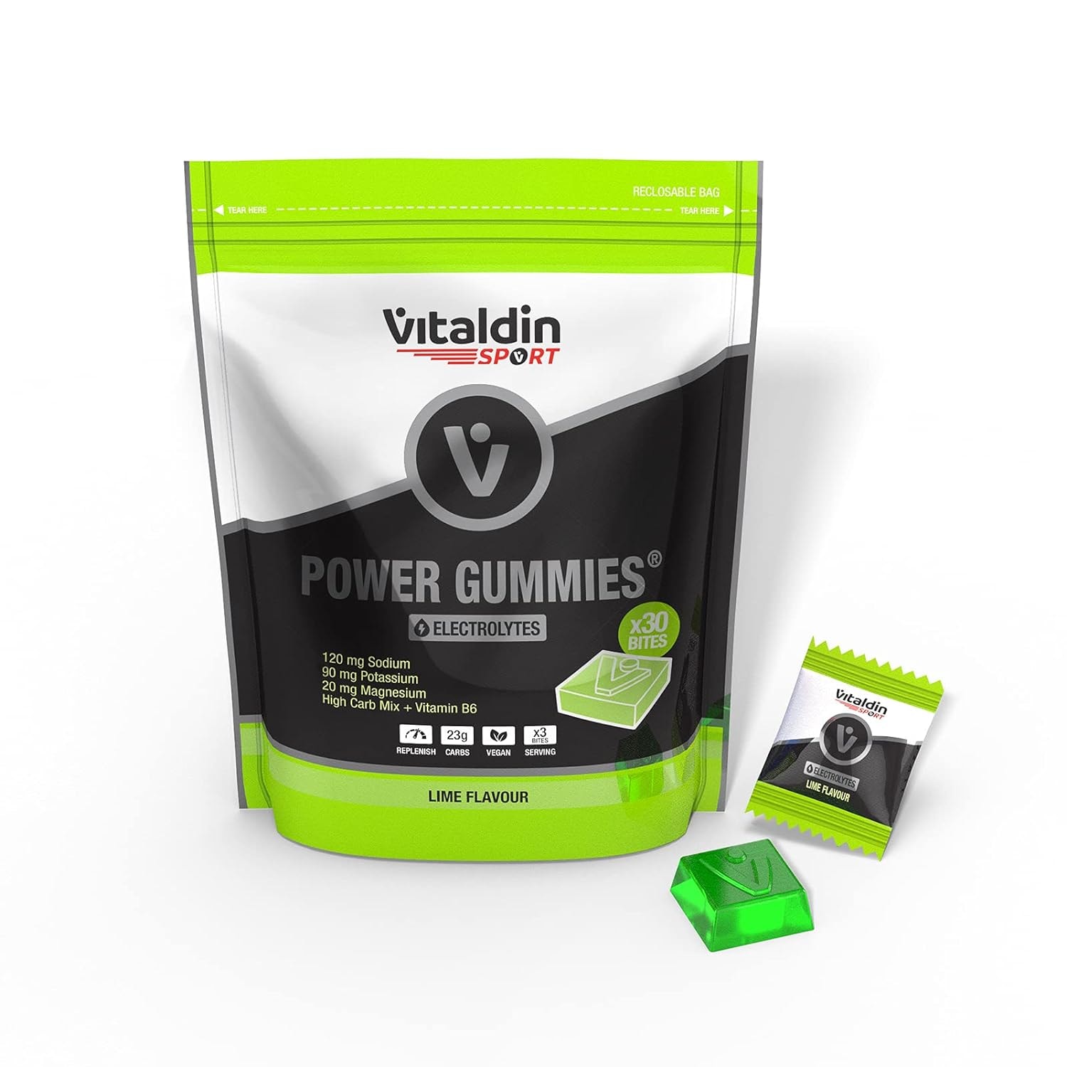 Produktbild von Bewertung Vitaldin SPORT Power Gummies Electrolytes Liefert die 3 Elektrolyte 120 mg Natrium 90 mg Kalium 20 mg Magnesium Vitamin B6 pro serving Doypack 30 Fruchtgummis Bites Limetten Geschmack Vegan