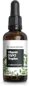 Produktbild von Bewertung natural elements Vitamin D3 mit K2 Tropfen 50ml laborgeprüft Premium 99,7% All-Trans hoch bioverfügbares D3 hochdosiert flüssig