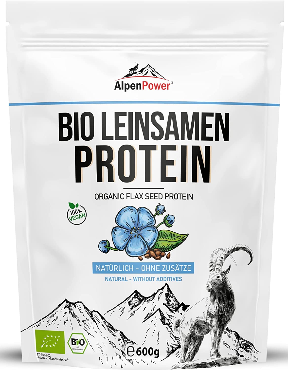 Produktbild von Bewertung AlpenPower BIO LEINSAMENPROTEIN aus Österreich 600g I 100% reines Leinsamenprotein ohne Zusatzstoffe I Vegan & Low Carb I Hochwertiges Eiweißpuvler I Vielseitig anwendbar