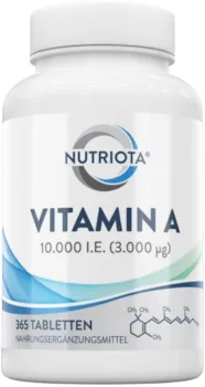 Aceso Nutriota Deutschland Vitamin A (als Retinylacetat) 10.000 IE (3.000 µg), vegan, 365 Tabletten, 1 Jahresbedarf