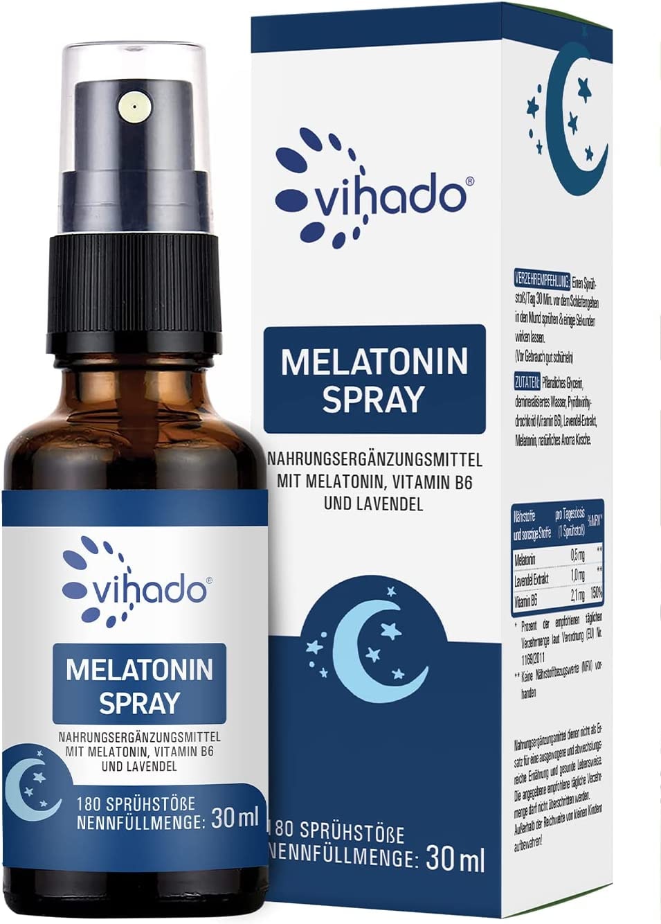 Produktbild von Vihado Melatonin Spray - Premium: Bis zu 5-fach höher dosiert - 180 Tage Vorrat - Melatonin Spray hochdosiert mit Lavendel ohne Alkohol - vegan, 30 ml - schlaf