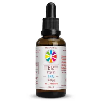 Produktbild von Sinoplasan - Vitamin B12 Tropfen TRIO 400µg mit aktiver Folsäure (Methylfolat (5-MTHF)) || 50 ml || OHNE ALKOHOL || vegan || aktive B12 Formen Methylcobalamin