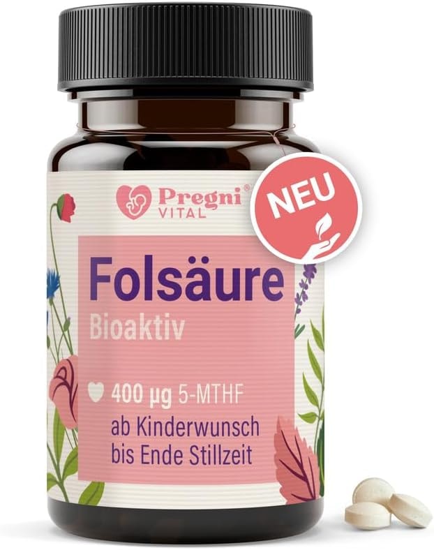 Produktbild von Bewertung PregniVital Folsäure 400µg L-5-MTHF Folsäure Kinderwunsch und Schwangerschaft hochdosiert optimal bioverfügbar 120 Tabletten von PregniVital